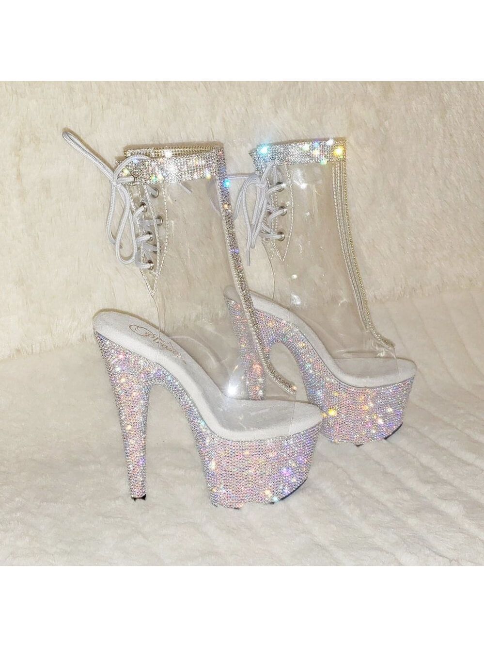 Bejeweled Rhinestone Platform Heel Ankle Boots Wit